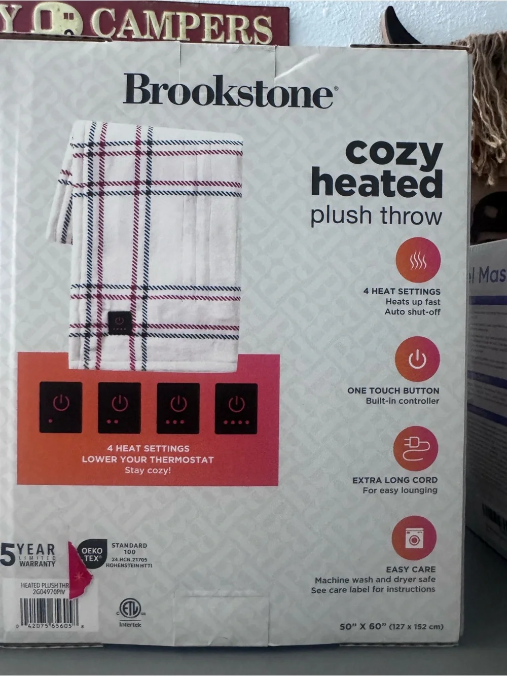 Brookstone Cream Plaid Electric Throw with Burgundy & Navy Accents